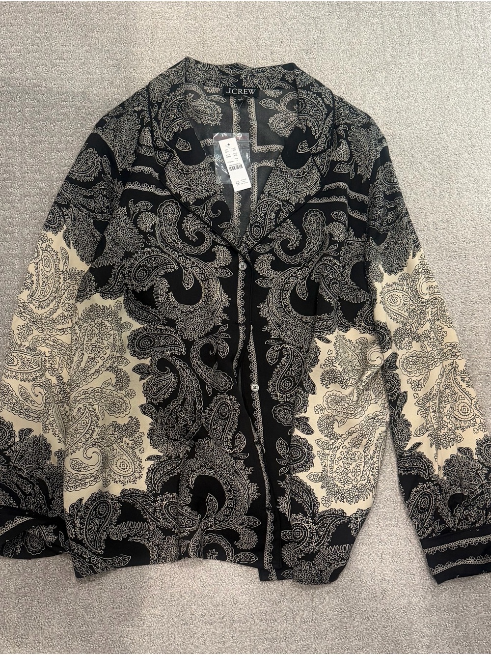 J. Crew Black and Cream Paisley Button-Front Top